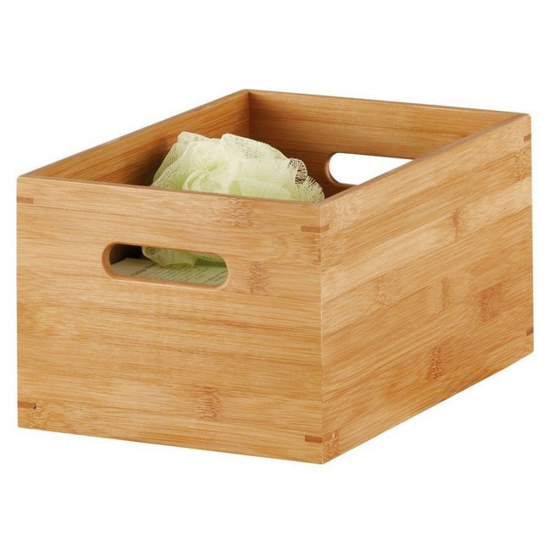 8x Caisse de rangement bambou, solide, boîte sans couvercle, HxLxP :  30x20x14 cm, salle de bain, cuisine, nature